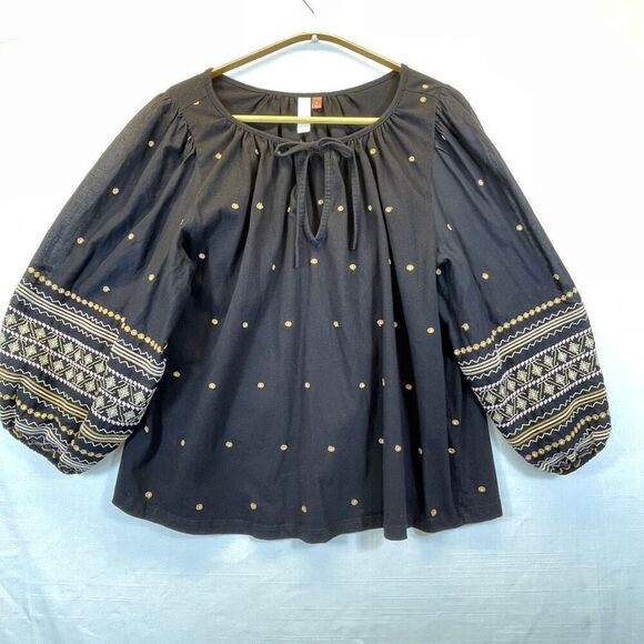 Anthropologie Pilcrow Black Gold Embroidered Calanthe Puff Sleeve Blouse Medium - Picture 2 of 10